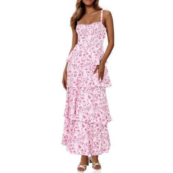Pink Floral Tiered Ruffle Sundress Adjustable Straps Empire Waist Size Medium - Picture 2 of 9
